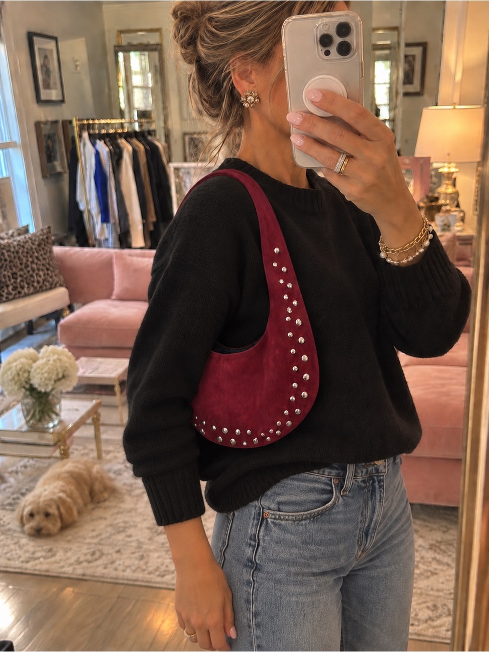 Burgundy Suede Studded Crescent Hobo Shoulder Bag